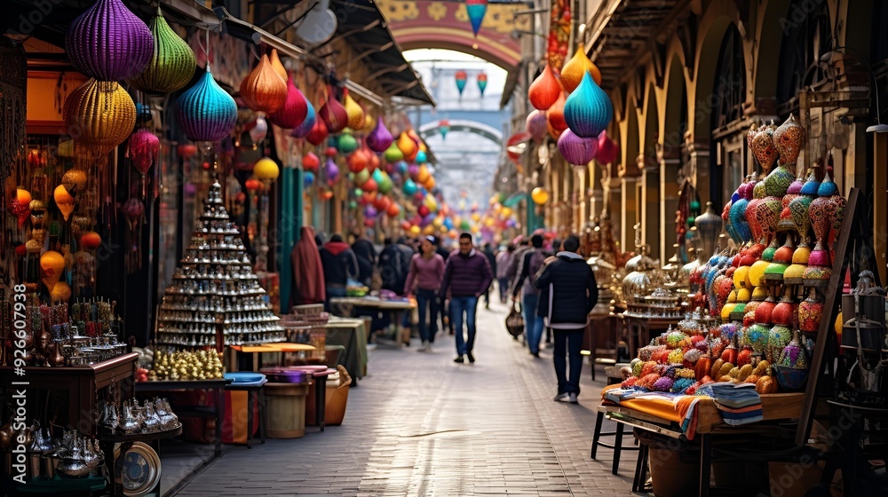 Naklejka premium A narrow street adorned with vibrant lanterns suspended from above.