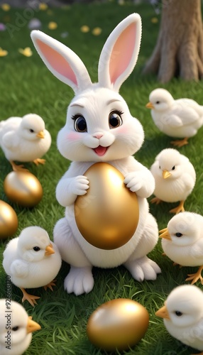 Lovely easterbunny holding a golden egg photo