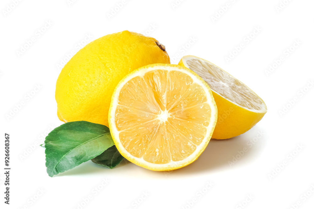 Lemon with leaves close up on white background.