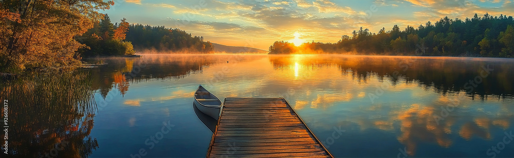 Fototapeta premium A tranquil scene of a sunrise over a misty lake, with a wooden dock extending into the water and a small boat resting nearby. The reflection of the sky and clouds create a sense of peace and serenity