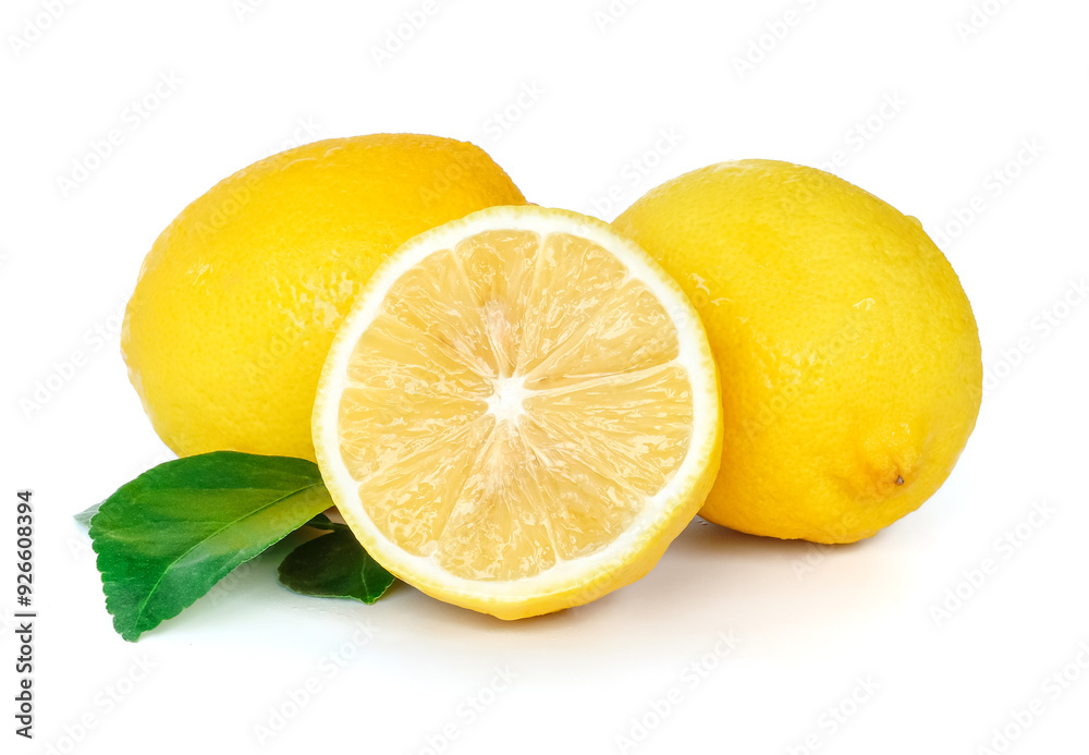 Lemon with leaves close up on white background. Lemon with leaves close up on white background.