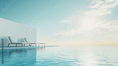 A tranquil scene of two lounge chairs by an infinity pool, offering breathtaking ocean views and a sense of serenity. The clear blue water merges seamlessly with the horizon, creating a sense of endle photo