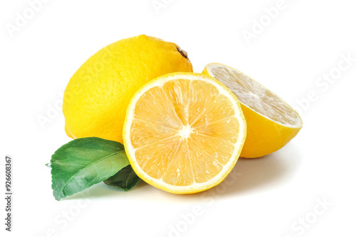 Obraz na płótnie Lemon with leaves close up on white background. w salonie