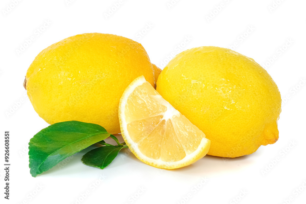 Lemon with leaves close up on white background.
