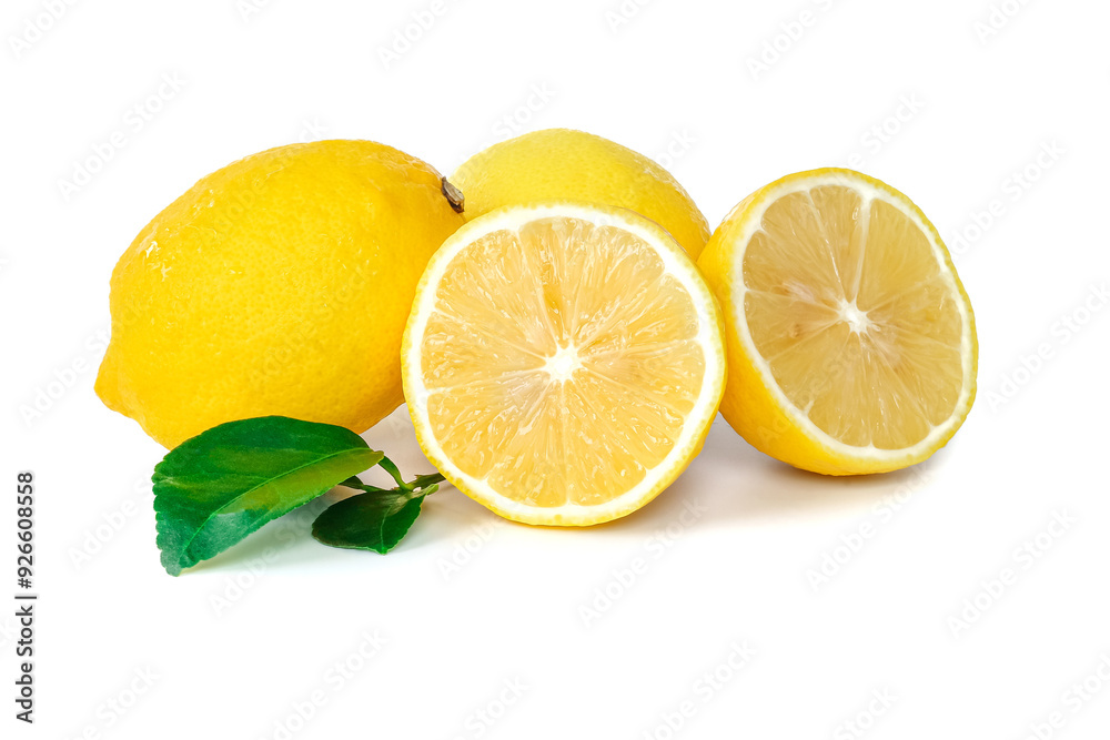 Lemon with leaves close up on white background.