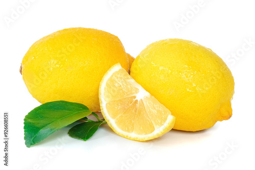 Obraz na płótnie Lemon with leaves close up on white background. w salonie