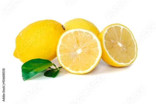 Obraz na płótnie Lemon with leaves close up on white background. w salonie