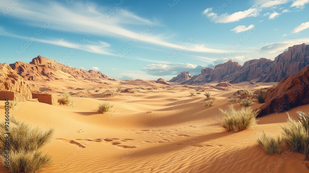 Fototapeta premium A vast desert landscape with rolling sand dunes, rugged mountains, and a clear blue sky with white clouds. The scene evokes a sense of vastness, solitude, and the beauty of nature.