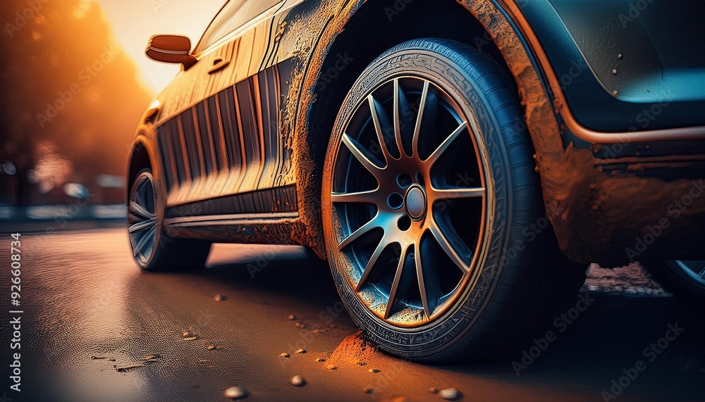 Auto wheel transportation closeup vehicle dirty tyre tire automobile drive service car Auto wheel transportation closeup vehicle dirty tyre tire automobile drive service car
