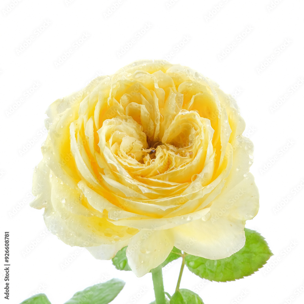Yellow rose close up on white background.