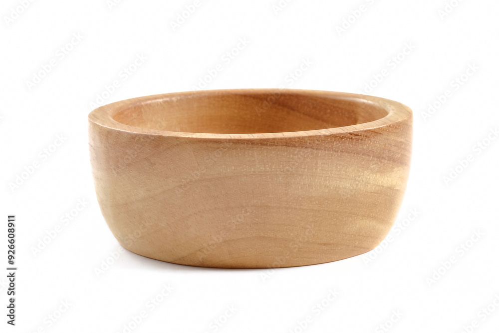 Wooden bowls close up on white background.