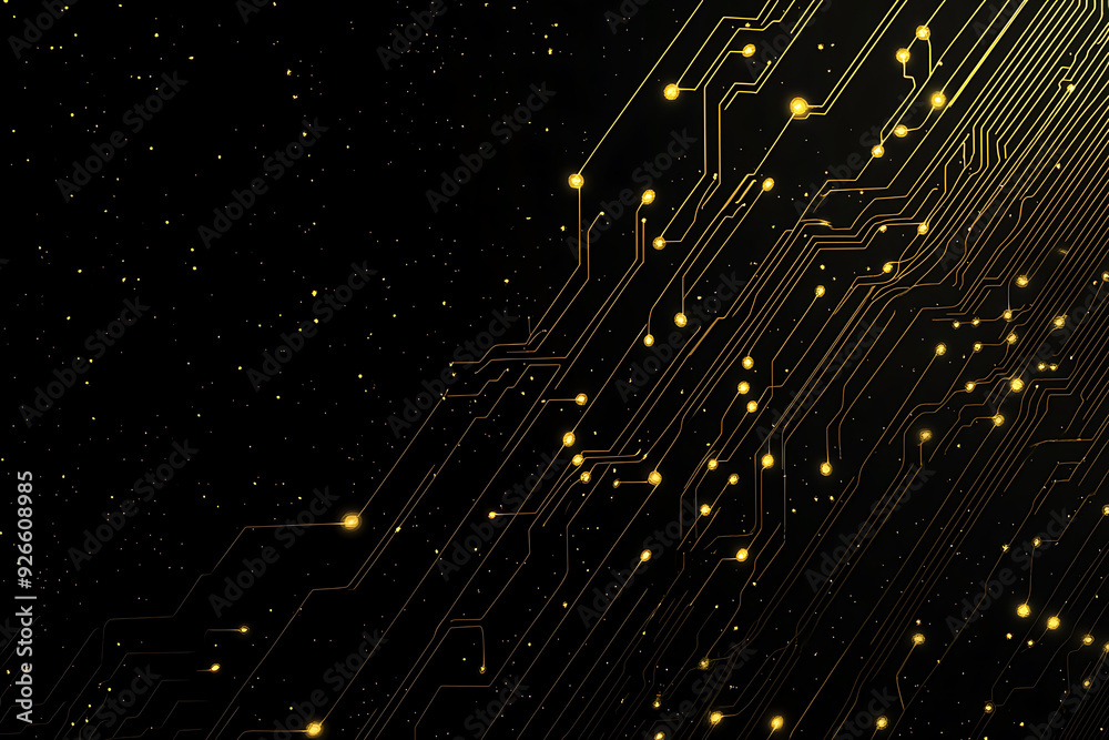 A modern abstract design featuring gold lines and dots representing network science and technology on a high-tech dark background. Ideal for templates, web design, and presentations A modern abstract design featuring gold lines and dots representing network science and technology on a high-tech dark background. Ideal for templates, web design, and presentations