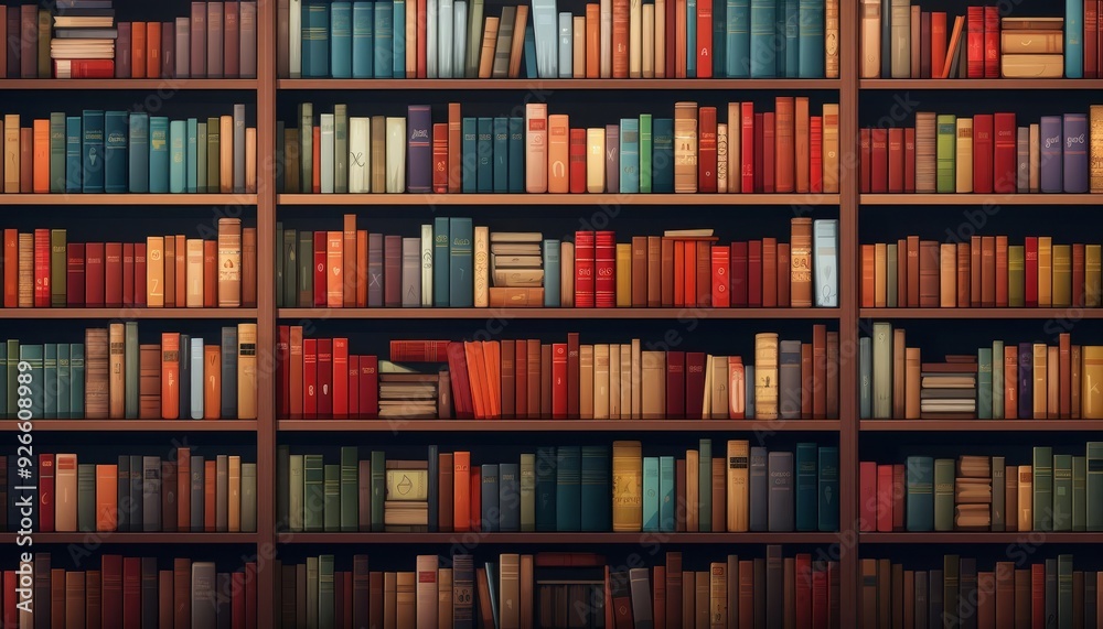 Rows of books in library, flat design, front view, academic theme, animation, Complementary Color Scheme Rows of books in library, flat design, front view, academic theme, animation, Complementary Color Scheme