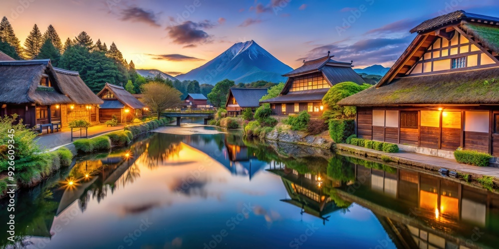 Naklejka premium Twilight time in Oshino Hakkai, a serene village in Yamanashi, Japan , Japan, Oshino Hakkai, twilight, serene