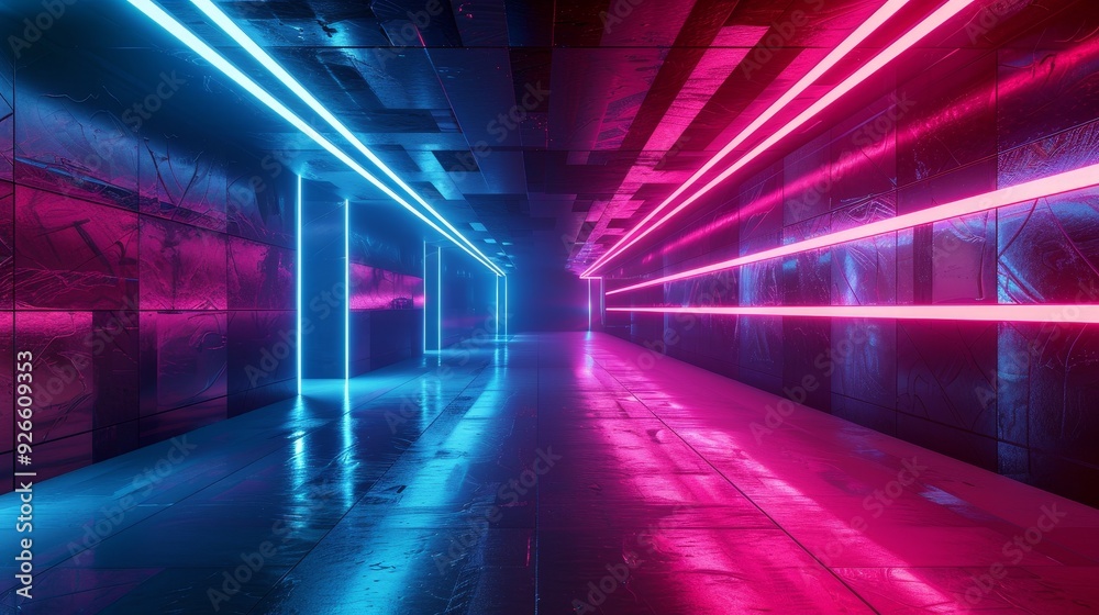 A vibrant and futuristic hallway illuminated by neon lights, symbolizing innovation, technology, progress, and a modern aesthetic. A vibrant and futuristic hallway illuminated by neon lights, symbolizing innovation, technology, progress, and a modern aesthetic.