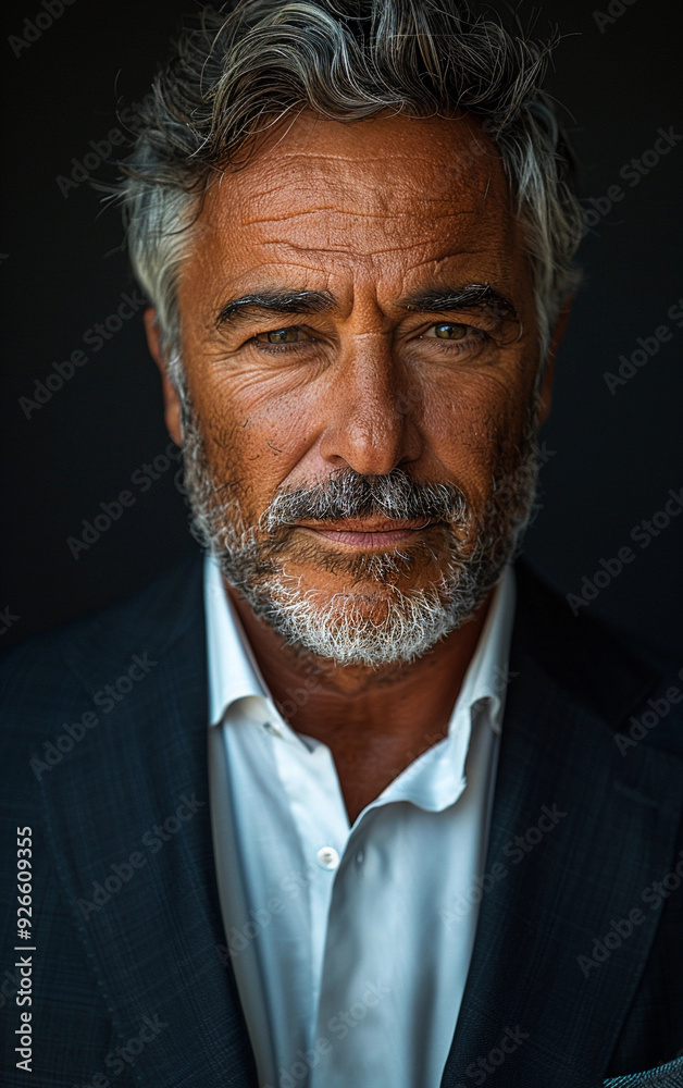 A man with a beard and gray hair is wearing a suit and white shirt. He is looking directly at the camera A man with a beard and gray hair is wearing a suit and white shirt. He is looking directly at the camera