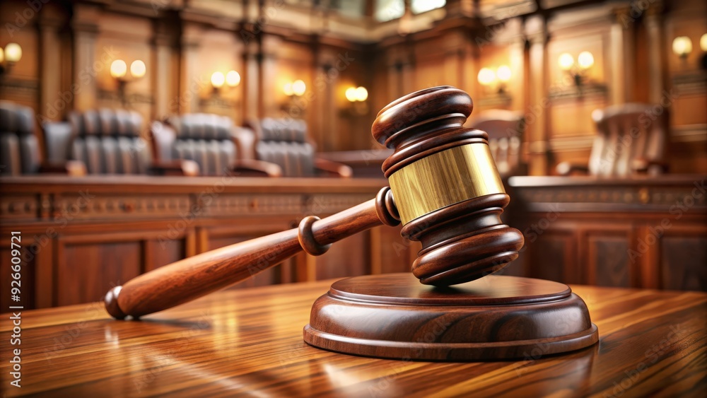 Close-up of a gavel striking wood in a courtroom setting, justice, law, legal system, judgment, courtroom Close-up of a gavel striking wood in a courtroom setting, justice, law, legal system, judgment, courtroom