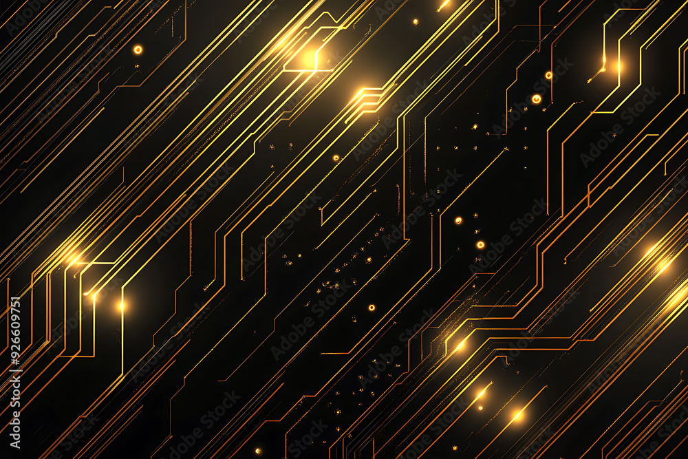 A modern abstract design featuring gold lines and dots representing network science and technology on a high-tech dark background. Ideal for templates, web design, and presentations