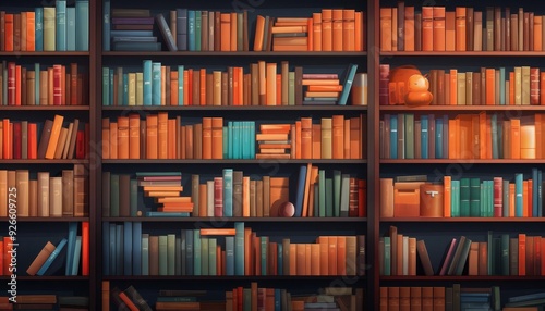 Rows of books in library, flat design, front view, academic theme, animation, Complementary Color Scheme