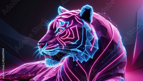 A tiger in a resting pose, depicted in neon colors, highlighting its powerful and serene presence with a side profile view.