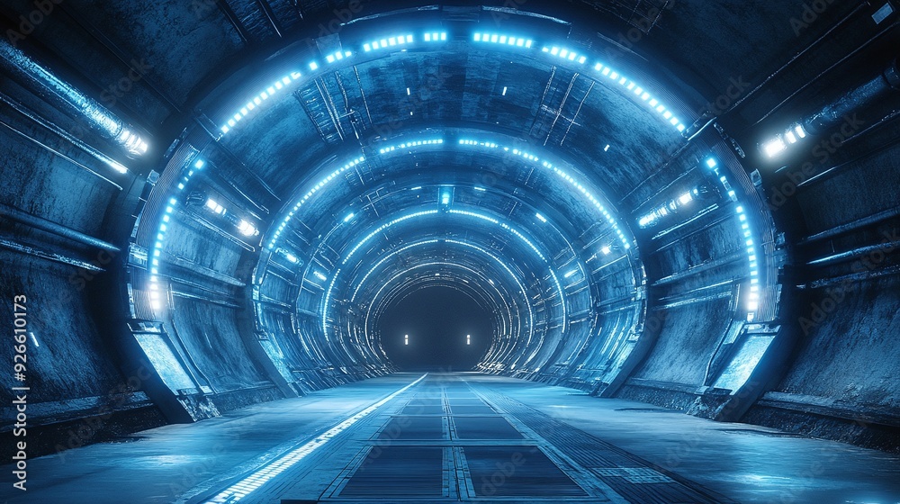 Futuristic Alien Spaceship Tunnel. Sci-Fi Neon Blue and White Concept Futuristic Alien Spaceship Tunnel. Sci-Fi Neon Blue and White Concept