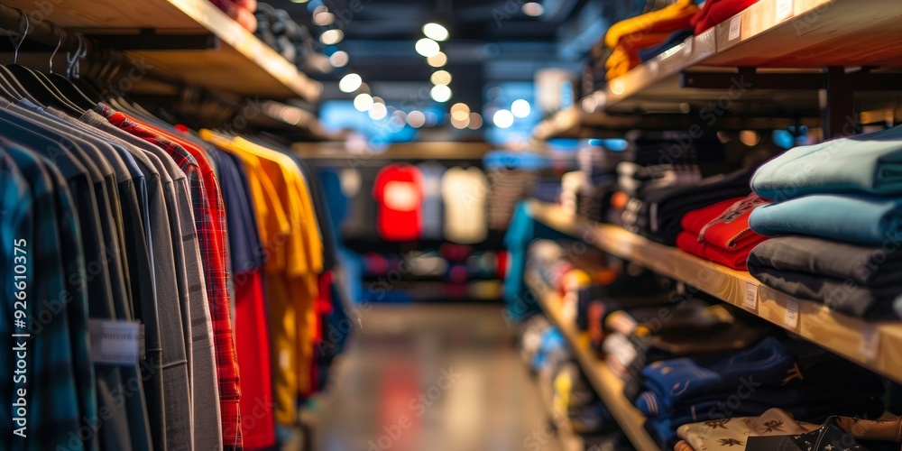 A vibrant clothing store interior showcasing a variety of colorful shirts on shelves, inviting shoppers to explore fashion choices. A vibrant clothing store interior showcasing a variety of colorful shirts on shelves, inviting shoppers to explore fashion choices.