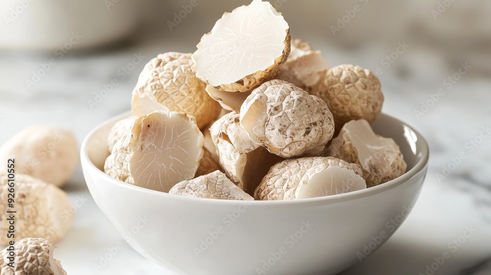 Fototapeta premium A white bowl filled with fresh organic white truffles, symbolizing luxury, gourmet cuisine, earthy flavors, culinary delight, and natural ingredients.