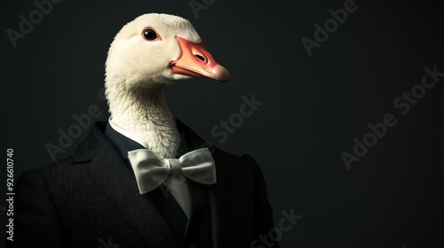 A white goose wearing a black suit and a bow tie, showcasing a humorous juxtaposition of elegance and animal nature. The image symbolizes unexpected charm, playful formality, and the power of individu photo