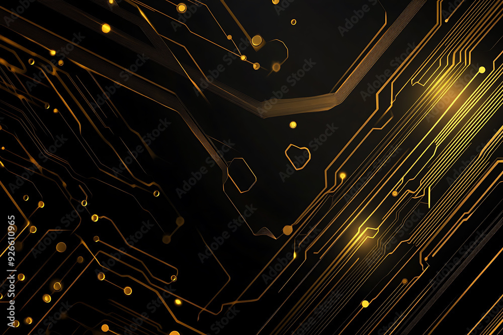 A modern abstract design featuring gold lines and dots representing network science and technology on a high-tech dark background. Ideal for templates, web design, and presentations A modern abstract design featuring gold lines and dots representing network science and technology on a high-tech dark background. Ideal for templates, web design, and presentations