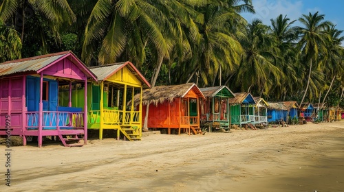 The tranquil beaches of Goa, with soft golden sand, swaying palm trees, and colorful shacks.