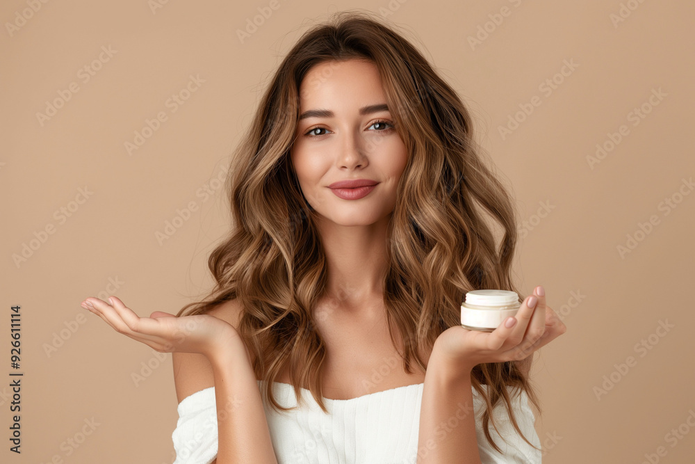 a youthful woman holds a cream jar, epitomizing natural care. the design's earthy hues emphasize simplicity, with ample space left for your text against a calming, natural backdrop. a youthful woman holds a cream jar, epitomizing natural care. the design's earthy hues emphasize simplicity, with ample space left for your text against a calming, natural backdrop.