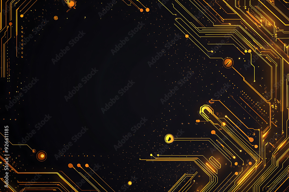 A modern abstract design featuring gold lines and dots representing network science and technology on a high-tech dark background. Ideal for templates, web design, and presentations