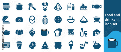 Food and drinks icon set. Meat, milk, noodle, soup, bread, egg, cake, sweets, fruits, vegetables, drinks, nutrition, pizza, fish, sauce, cheese icon.