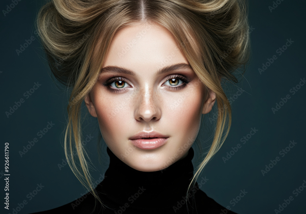 Closeup portrait of a woman in black outfit against dark backdrop. Closeup portrait of a woman in black outfit against dark backdrop.