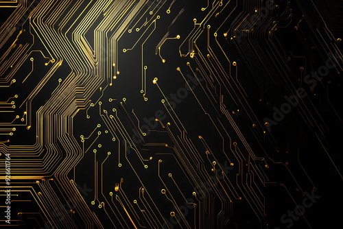 A modern abstract design featuring gold lines and dots representing network science and technology on a high-tech dark background. Ideal for templates, web design, and presentations