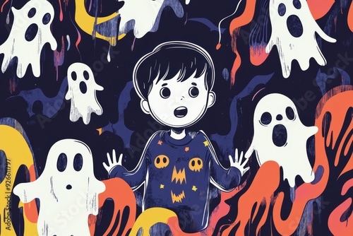 A young boy in a spooky sweater with a jack-o-lantern design is surrounded by friendly ghosts. The ghosts are playful and whimsical, creating a fun and festive Halloween atmosphere.