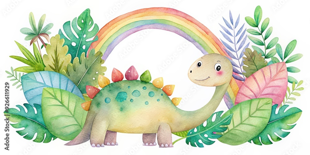 Naklejka premium Watercolor clipart featuring a cute dinosaur surrounded by a rainbow, tropical leaves, and parchment, cute, dinosaur