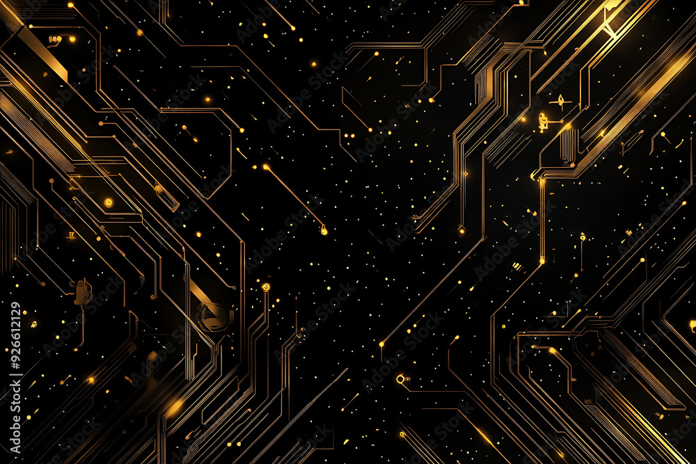 A modern abstract design featuring gold lines and dots representing network science and technology on a high-tech dark background. Ideal for templates, web design, and presentations A modern abstract design featuring gold lines and dots representing network science and technology on a high-tech dark background. Ideal for templates, web design, and presentations