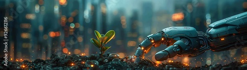 A robotic hand reaches towards a small plant growing in the foreground, with a blurred city in the background.