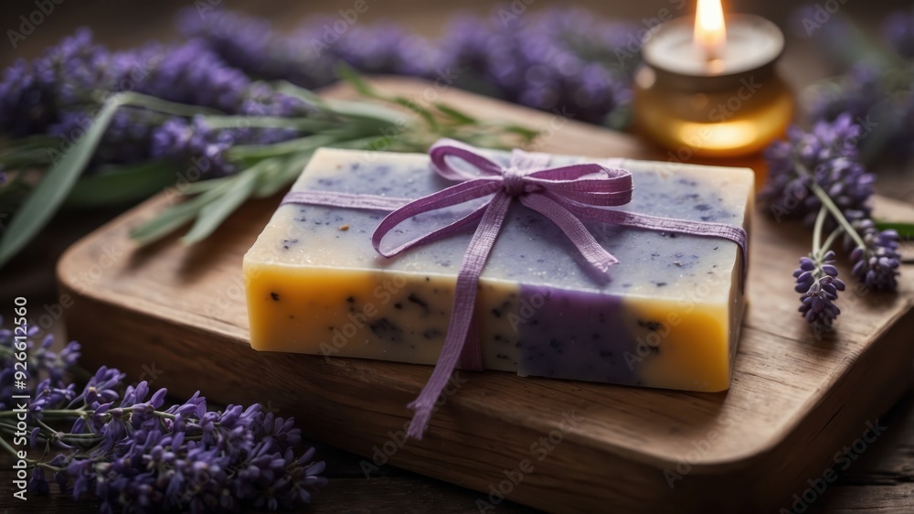Handcrafted lavender soap with a purple ribbon, surrounded by lavender flowers, candle in background. Handcrafted lavender soap with a purple ribbon, surrounded by lavender flowers, candle in background.