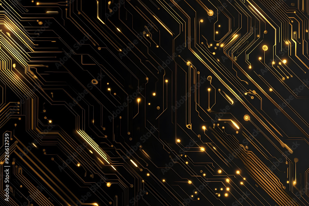 A modern abstract design featuring gold lines and dots representing network science and technology on a high-tech dark background. Ideal for templates, web design, and presentations A modern abstract design featuring gold lines and dots representing network science and technology on a high-tech dark background. Ideal for templates, web design, and presentations
