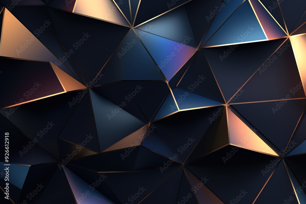 Fototapeta premium Abstract geometric background with dark blue and gold triangles.