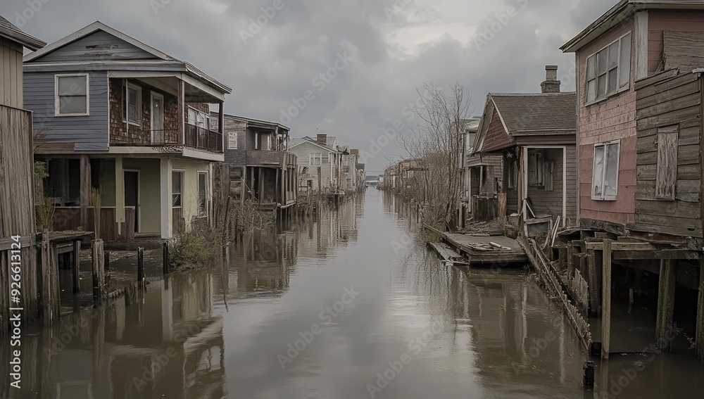 Waterfront houses with wooden structures and a murky canal. Waterfront houses with wooden structures and a murky canal.