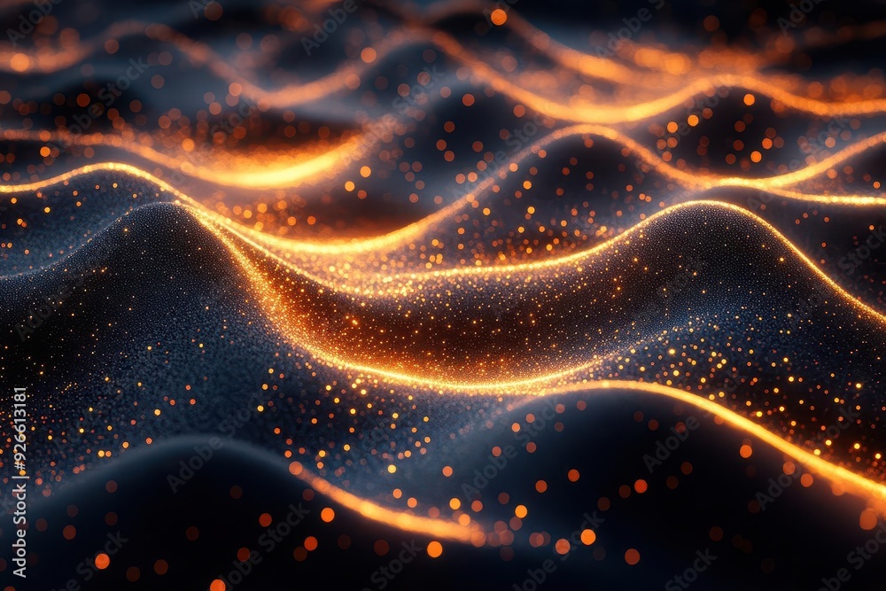 golden fractal waves on obsidian surface shimmering particles abstract luxury design sleek modern aesthetic