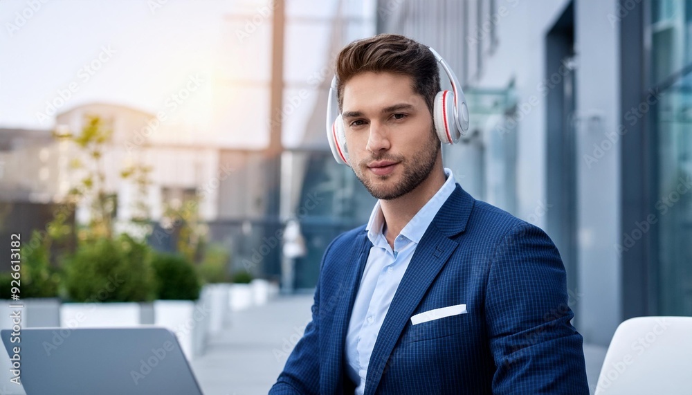 Businessman handsome technology male music working person business young computer headphones men laptop adult Businessman handsome technology male music working person business young computer headphones men laptop adult