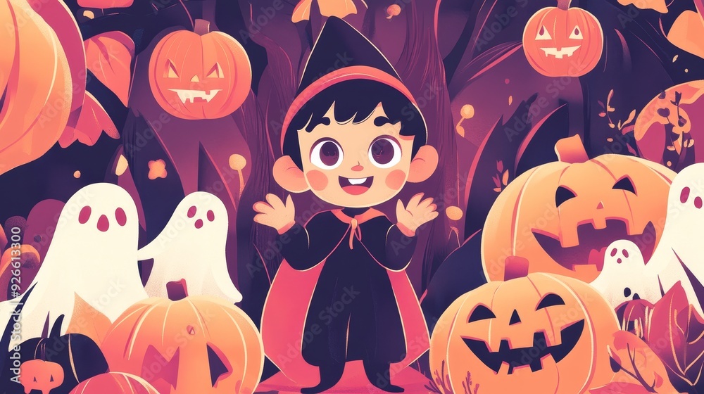A young witch dressed in a black and red costume, with a friendly smile, is surrounded by pumpkins and ghosts. The setting evokes a whimsical and charming Halloween atmosphere.