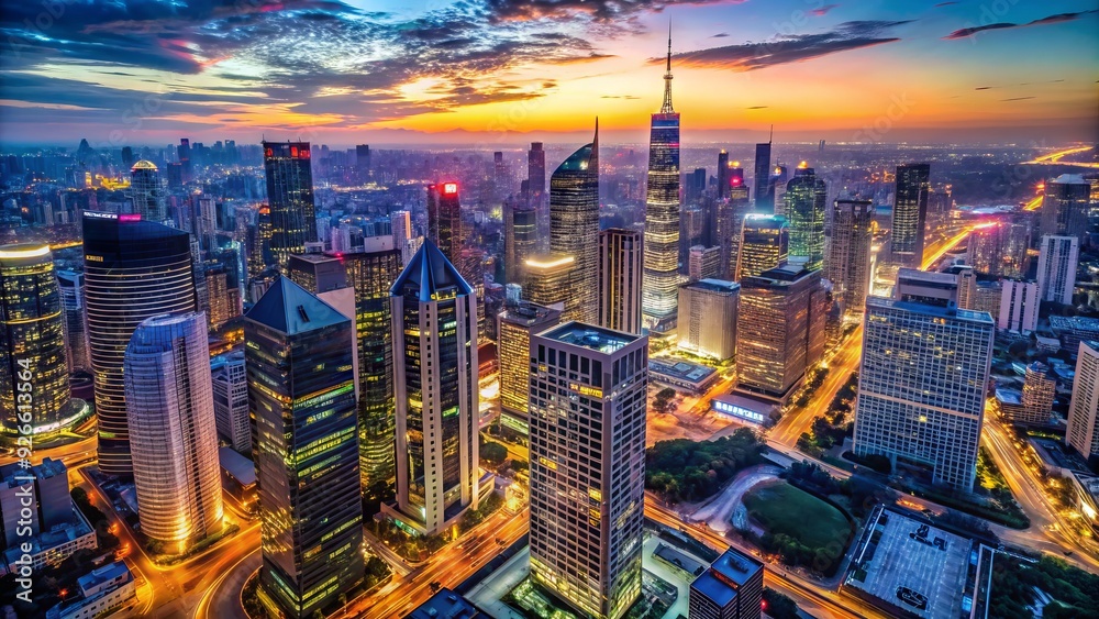 Fototapeta premium Aerial view of a bustling cityscape at dusk, with neon lights and skyscrapers symbolizing financial districts and corporate power.