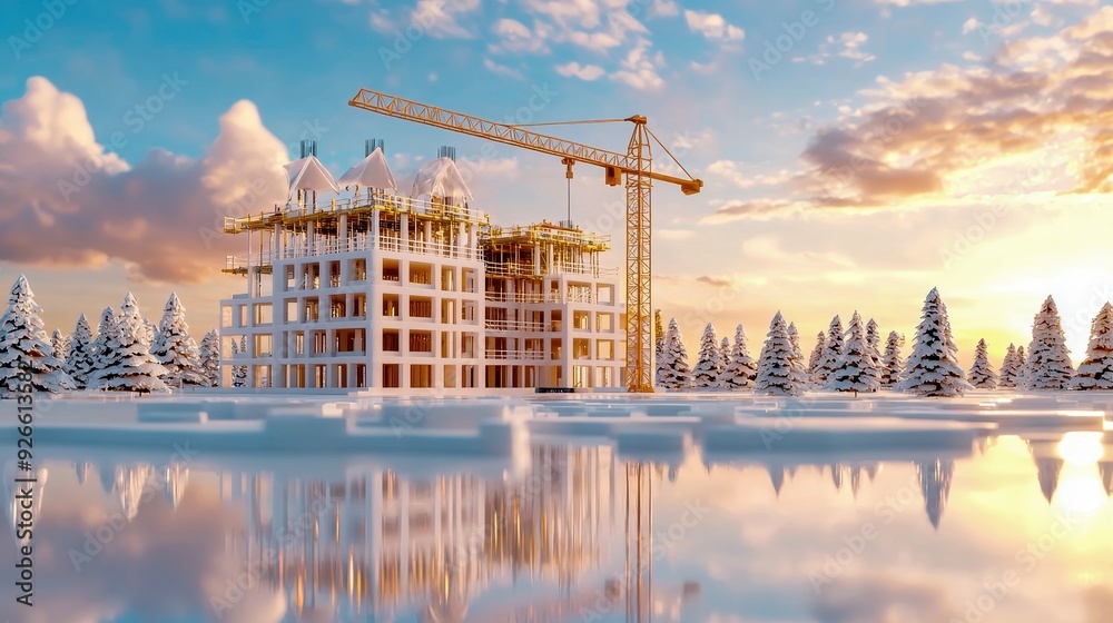 Obraz premium A modern construction site in winter with a crane and snow-covered landscape reflecting the sky.