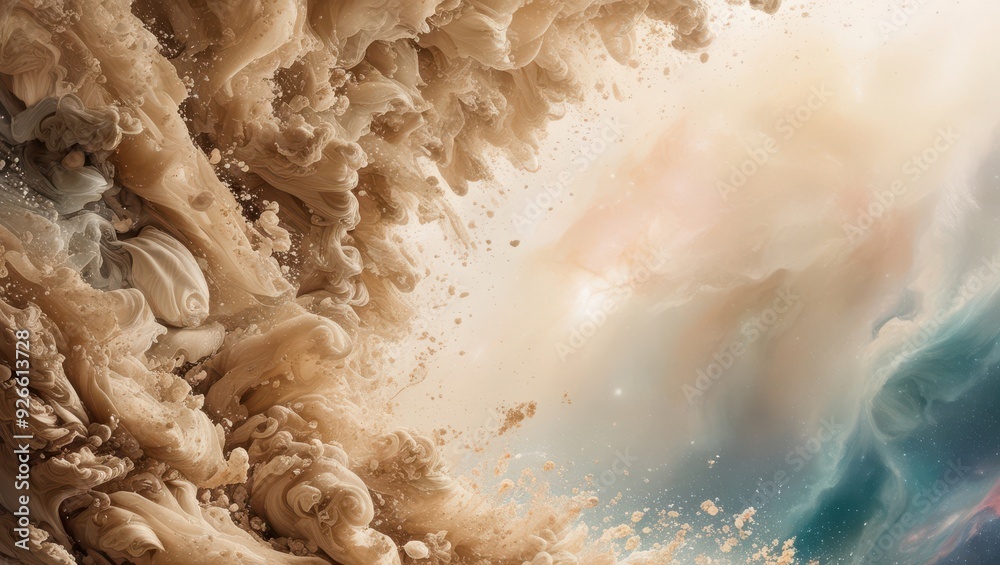 Swirling beige clouds create a cosmic scene, blending earthly textures and celestial phenomena. Swirling beige clouds create a cosmic scene, blending earthly textures and celestial phenomena.