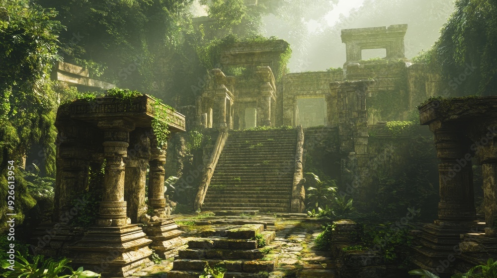 An ancient temple ruin is overgrown with lush jungle foliage, sunlight ...